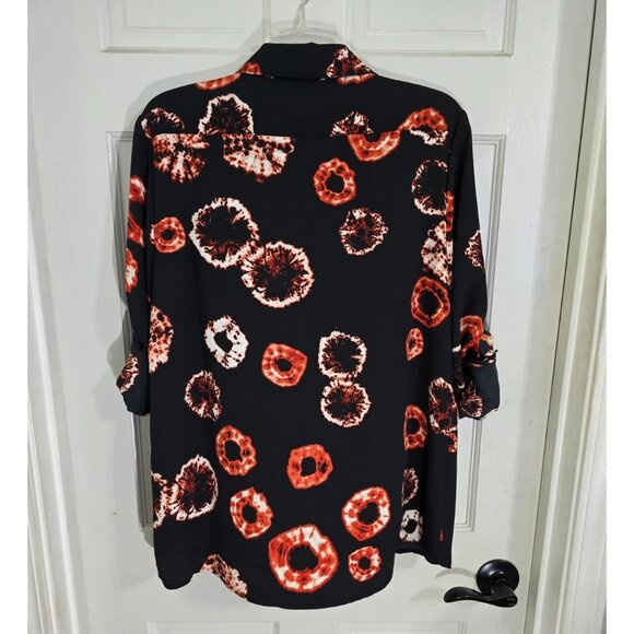 Halston‎ Women's Black Printed Button Up Blouse Roll Tab Sleeve Size L NWT - Picture 4 of 13